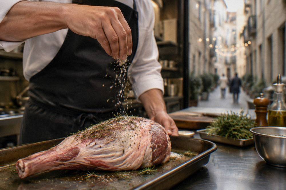A chef seasoning a leg of young lamb before roasting in a Spanish kitchen