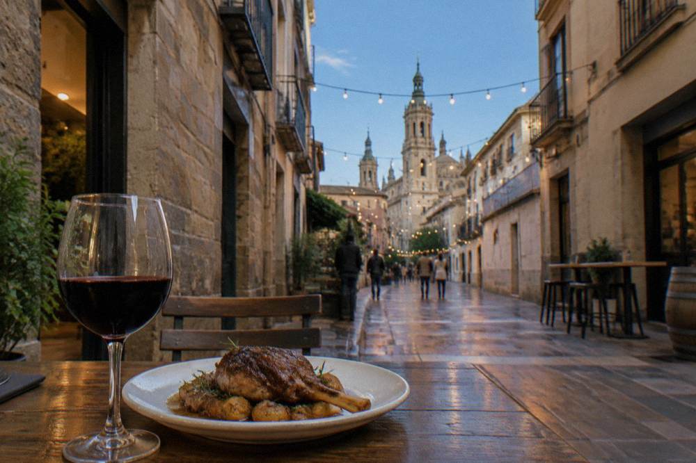 A glass of Spanish red wine beside a plate of roast lamb on a wooden table