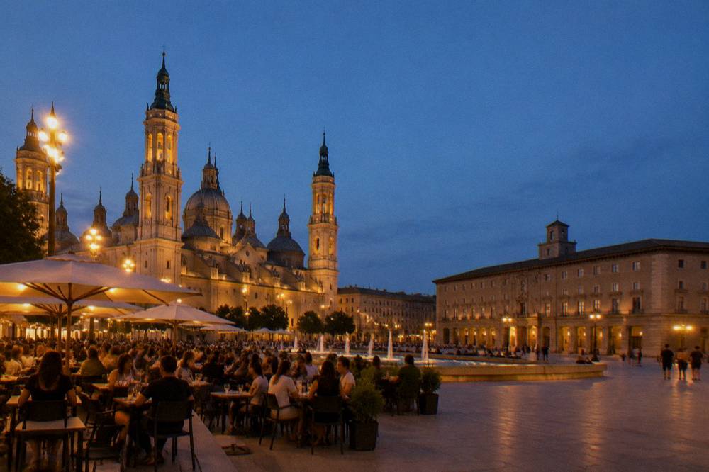 A busy restaurant terrace in the old town of Zaragoza during a festival evening