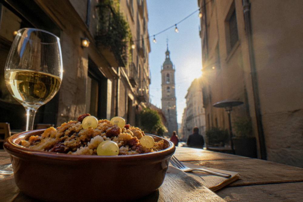A bowl of migas aragonesas breadcrumbs with grapes on a rustic table