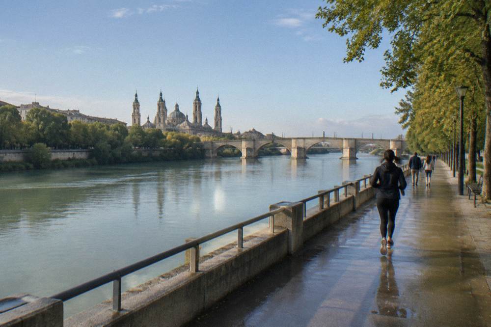 Walkers on the Ebro riverbank path with the Puente de Piedra in the background