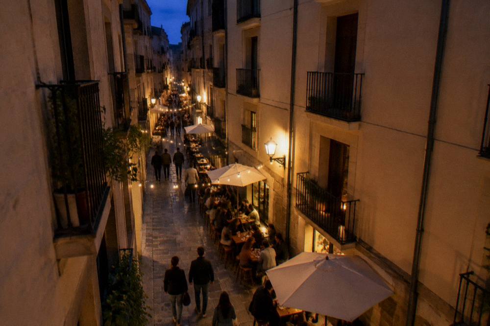 An evening street in the Zaragoza old town with lit tapas bars
