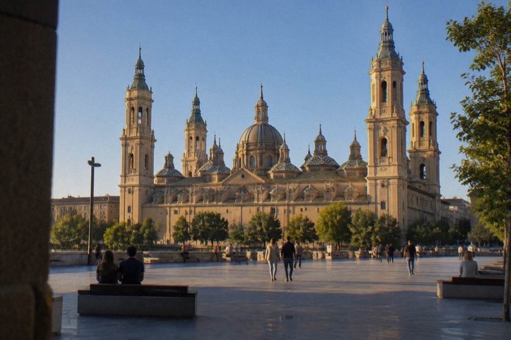 Open plaza with benches and the Basilica del Pilar rising above pedestrians