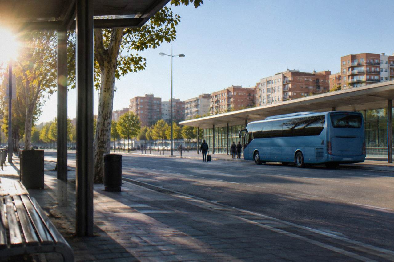 A small regional airport terminal exterior with a bus waiting at the kerb under a clear morning sky