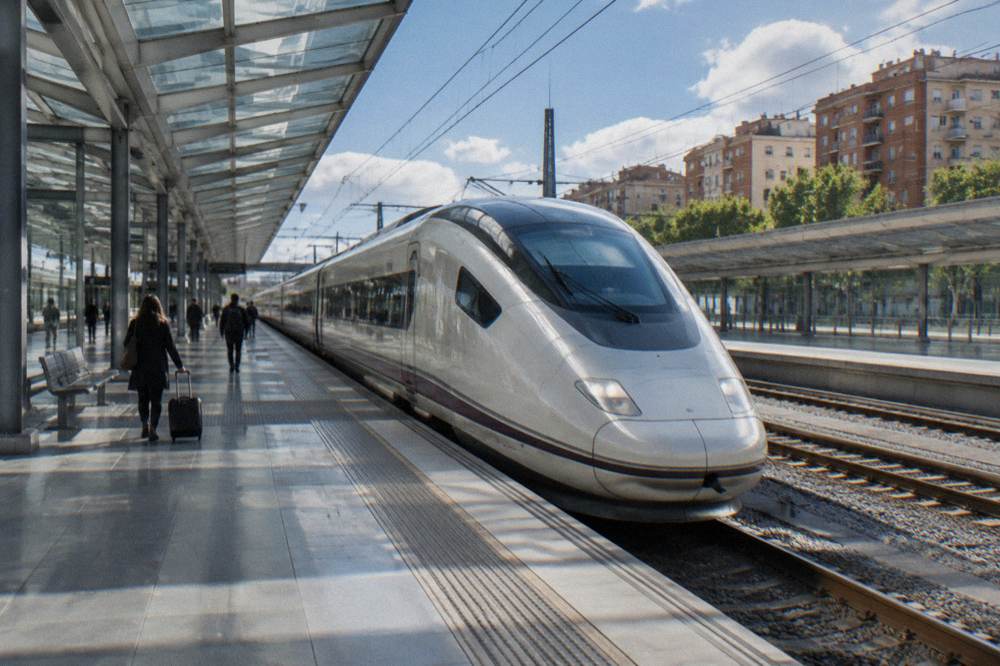 A high-speed train waiting at a platform of a modern railway station with glass roof