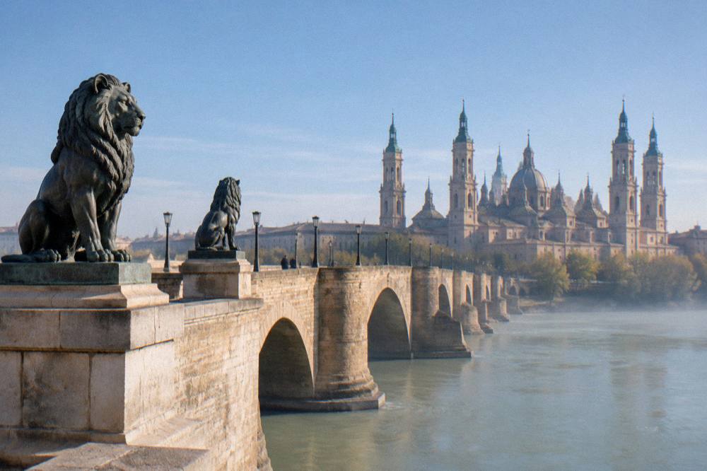 A stone bridge with bronze lion statues crossing a wide river toward a historic city skyline