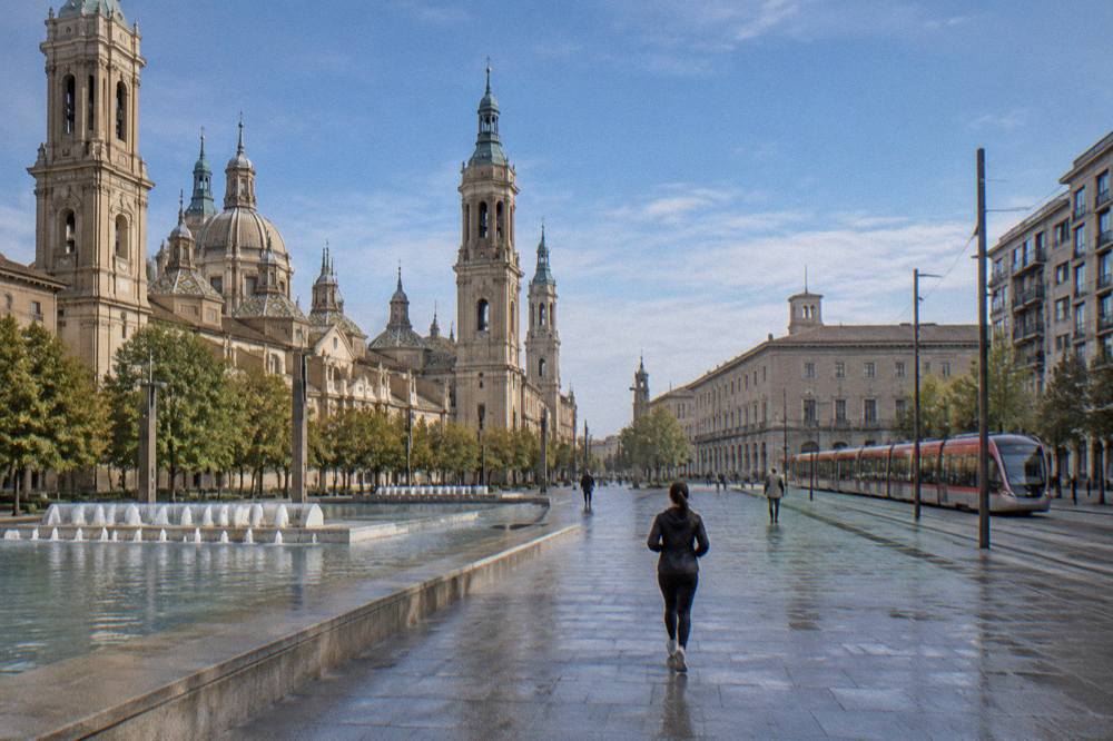A Zaragoza tram passing modern buildings on a wide avenue in daylight