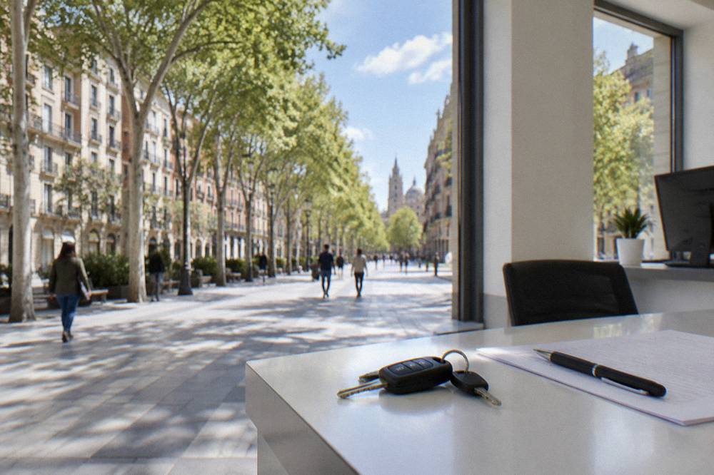 Rental car keys and a contract on a counter in a bright hire office