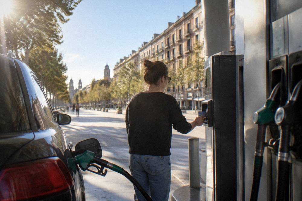A driver paying with a bank card at a fuel station pump under a clear sky