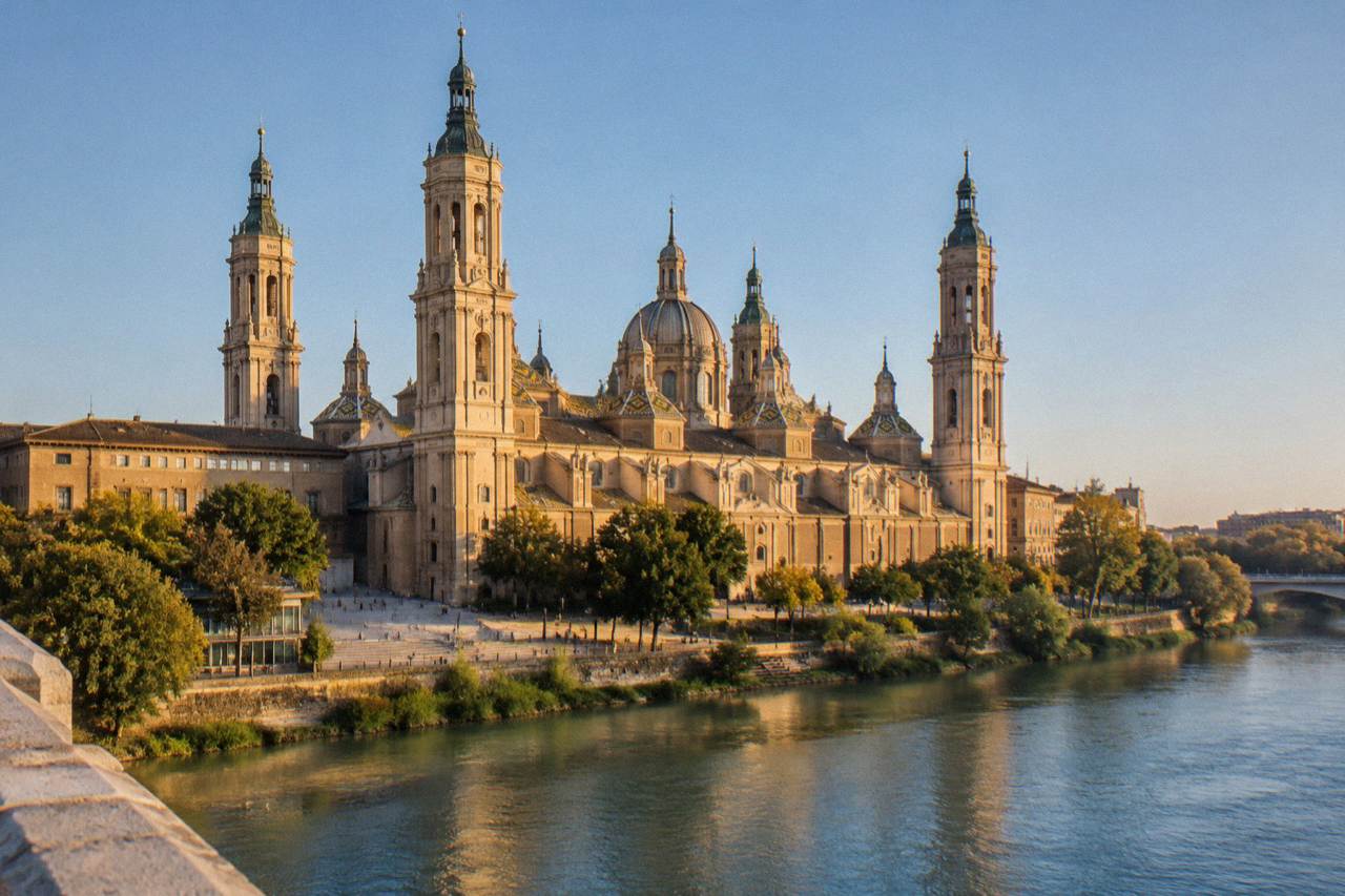 The Basilica del Pilar and the Ebro riverside in Zaragoza under a clear sky