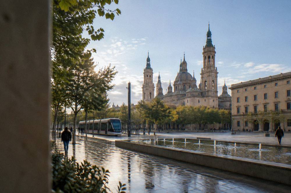 A modern tram passing a stop on a tree-lined avenue in central Zaragoza