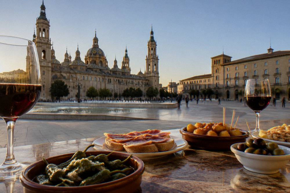 A spread of tapas dishes and glasses of red wine on a bar counter in Zaragoza