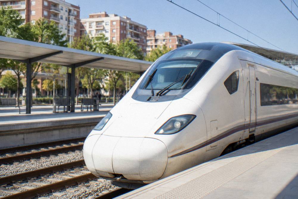 A sleek white high-speed train at a platform in a Spanish station
