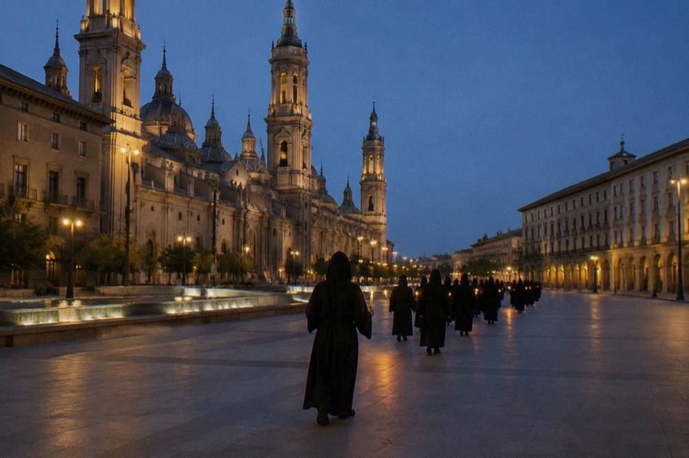 A procession of hooded figures with candles moving through a narrow old town street at night
