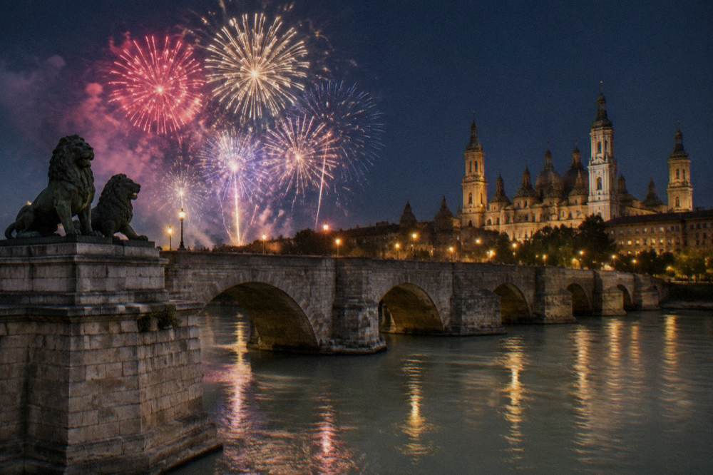 A night sky above a river lit by a large fireworks display with a stone bridge silhouetted in the foreground