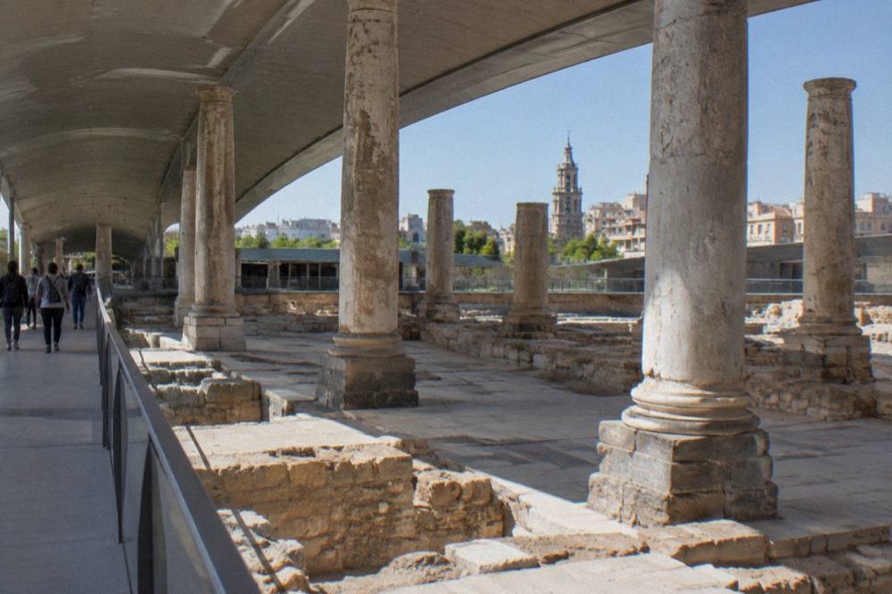 Visitors walking through the Roman forum excavations in central Zaragoza