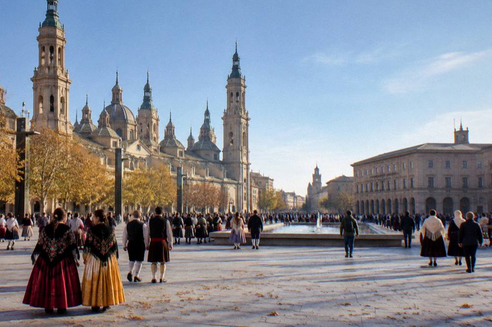 Crowds in regional dress filling the Plaza del Pilar during the Fiestas del Pilar