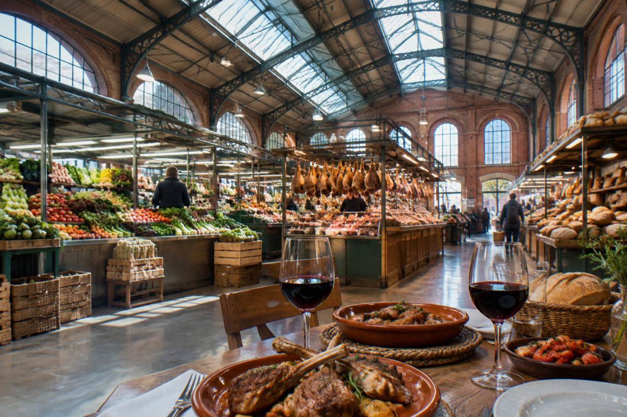 A table with Aragonese lamb dishes and glasses of red wine in a warm restaurant setting
