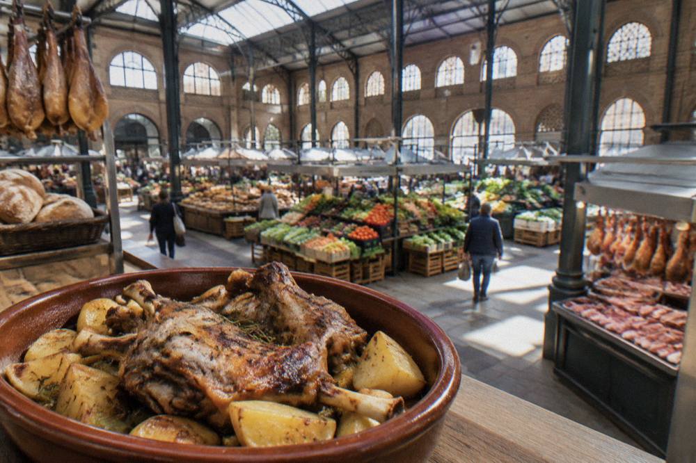 Roasted ternasco lamb with potatoes on an earthenware platter