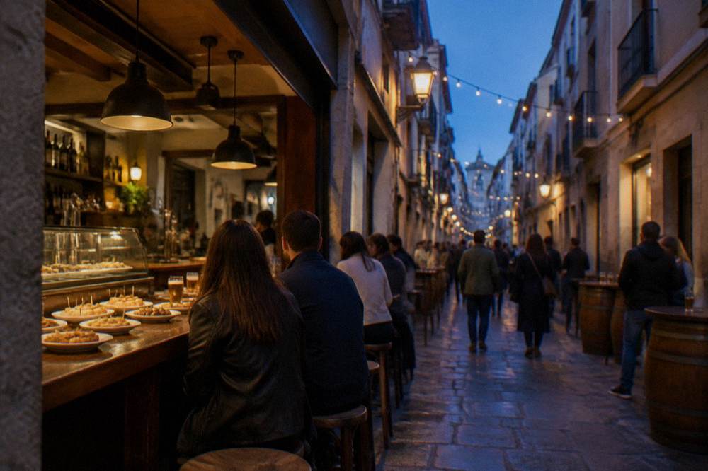 A crowded tapas bar counter with small plates and glasses of beer in the old town at night