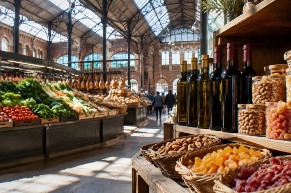 Bottles of olive oil and red wine with almonds and candied fruit on a shop shelf