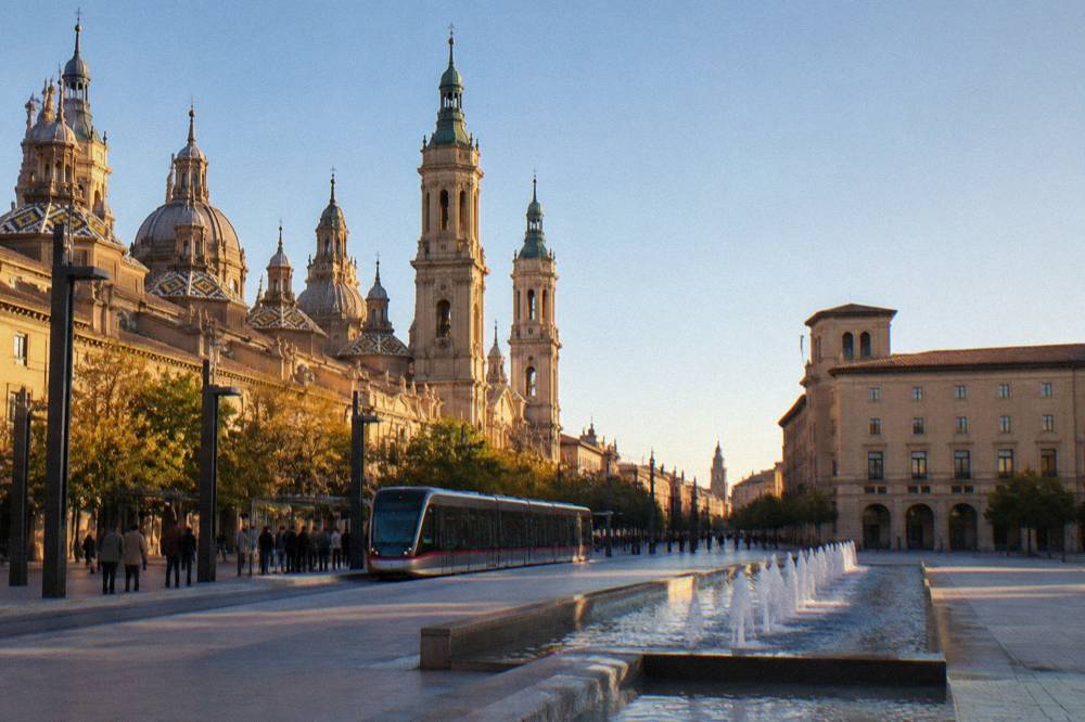 A tram passing through a central Zaragoza avenue with passengers waiting at a stop