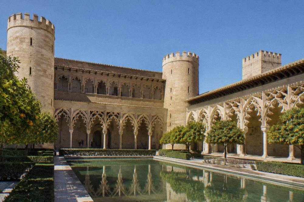 The interior of the Aljafería palace in Zaragoza with its arched Islamic courtyard
