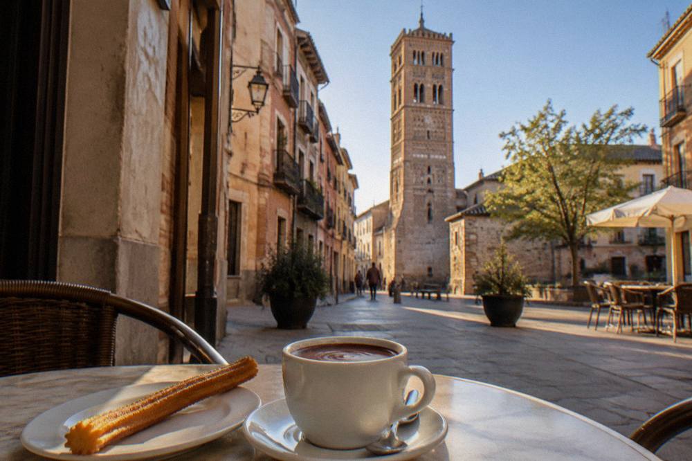 A churro and a cup of thick hot chocolate on a café table