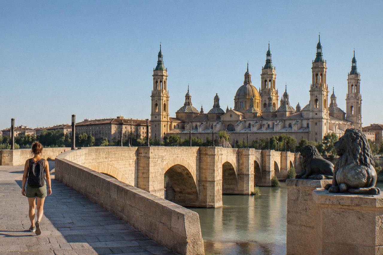 A traveller with a small day backpack walking across a stone bridge toward a large baroque basilica with tiled domes on a sunny morning