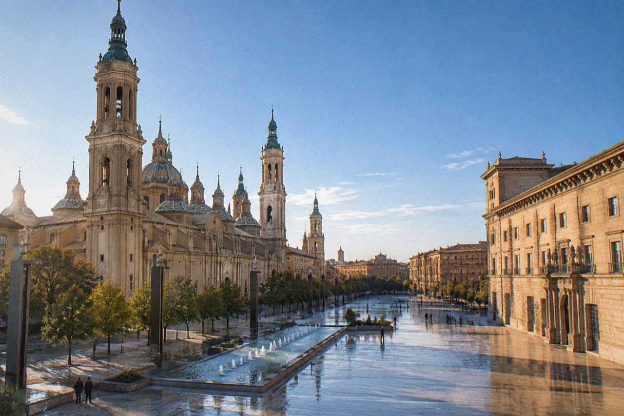 The stone facade and ornate doorway of a museum building in central Zaragoza under a clear sky