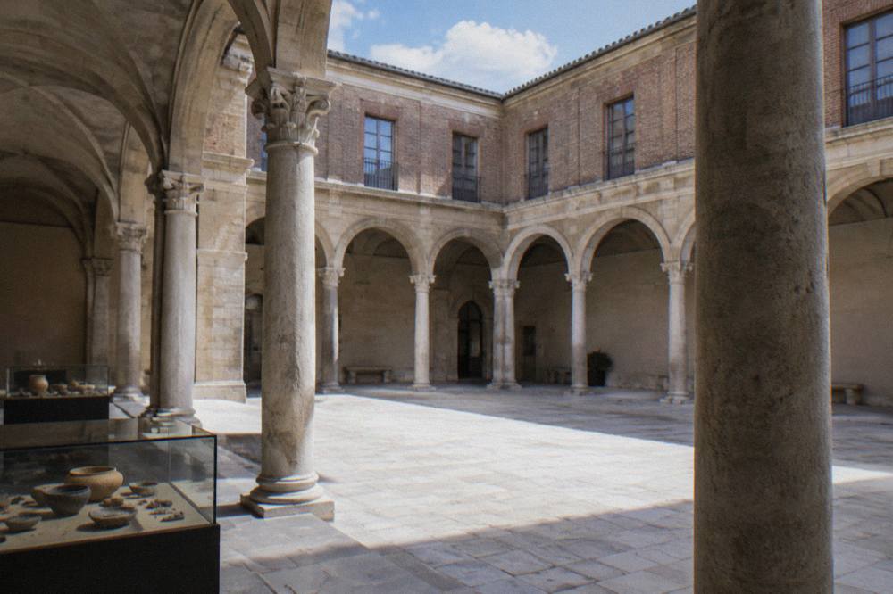 A quiet gallery interior with stone vaulting and display cases of archaeological finds