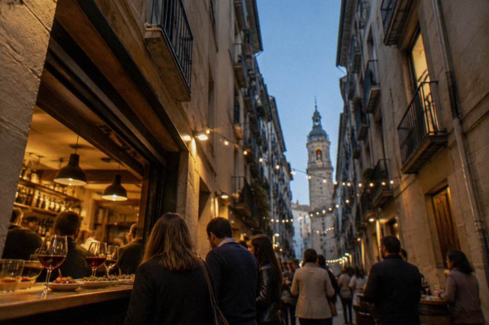 A tapas counter with small plates, glasses of red wine and a warm evening crowd