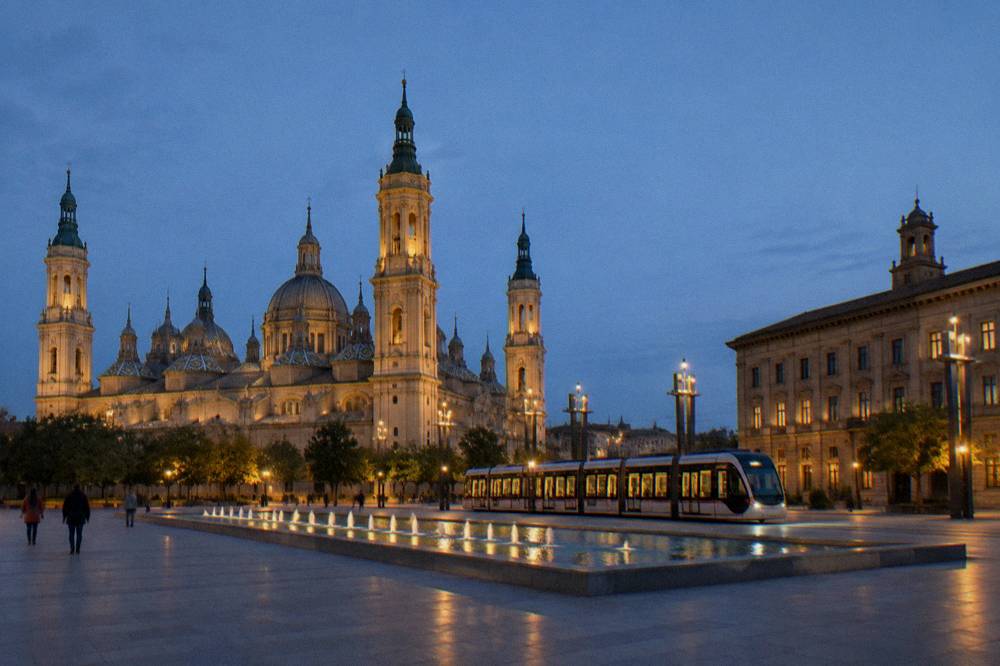 A modern tram passing illuminated buildings on a Zaragoza street at night