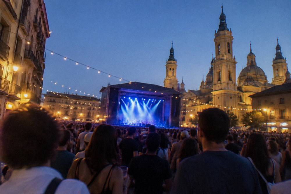 A crowded plaza at night during a festival with concert lights and a full crowd