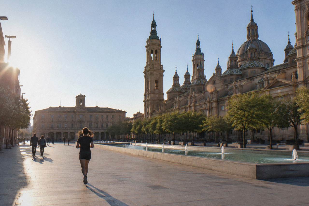 A quiet pedestrian street in Zaragoza's old town with stone buildings and a few people walking