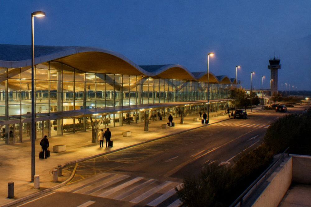 The evening facade of Zaragoza airport terminal with a few travellers waiting outside with luggage