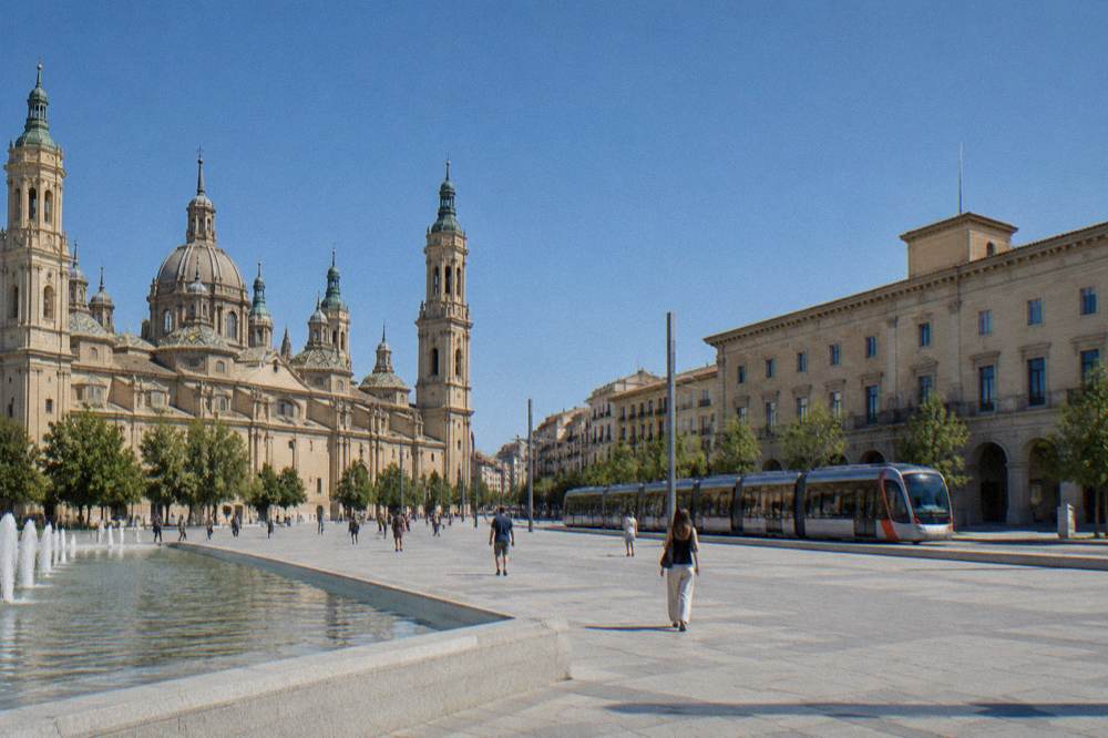 A modern tram passing along a street in central Zaragoza with shops in the background