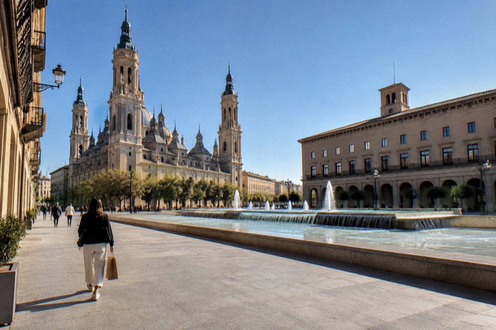A shopper carrying a paper bag walking through a narrow old-town lane in Zaragoza at golden hour