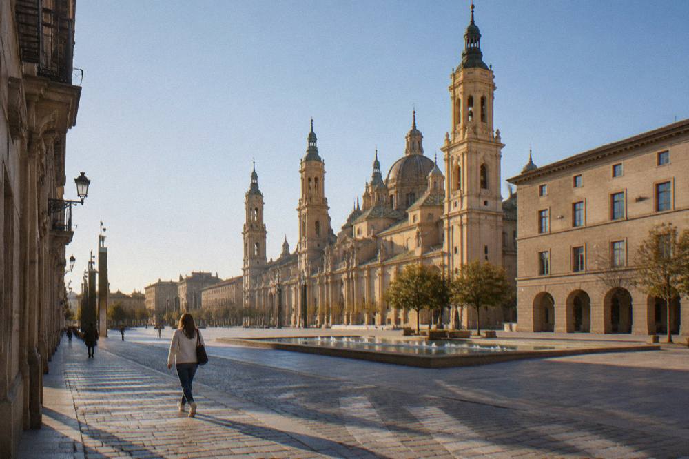 A single pedestrian crossing a quiet stone street in Zaragoza's old town in morning light