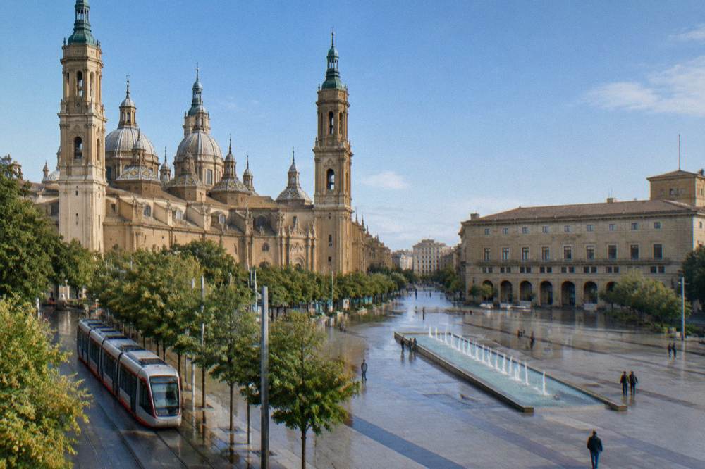A Zaragoza tram arriving at a stop on a tree-lined avenue