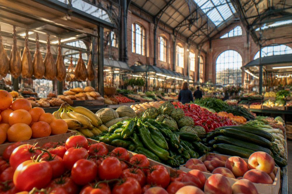 A market stall piled with fruit and vegetables inside Zaragoza's Mercado Central