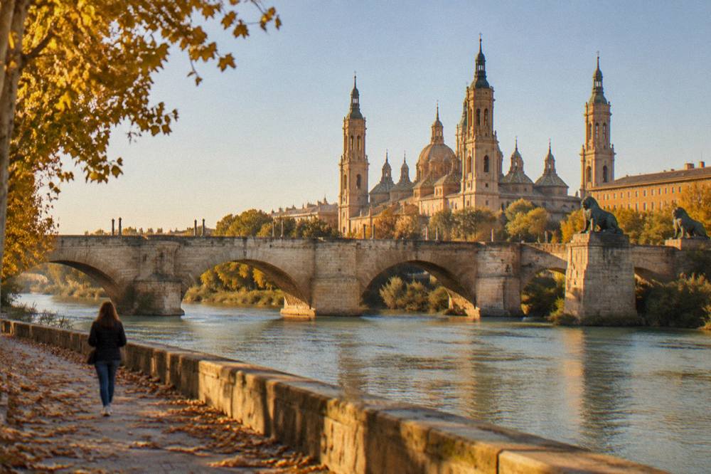 A single walker on the Ebro river path beside the Puente de Piedra in autumn sunshine