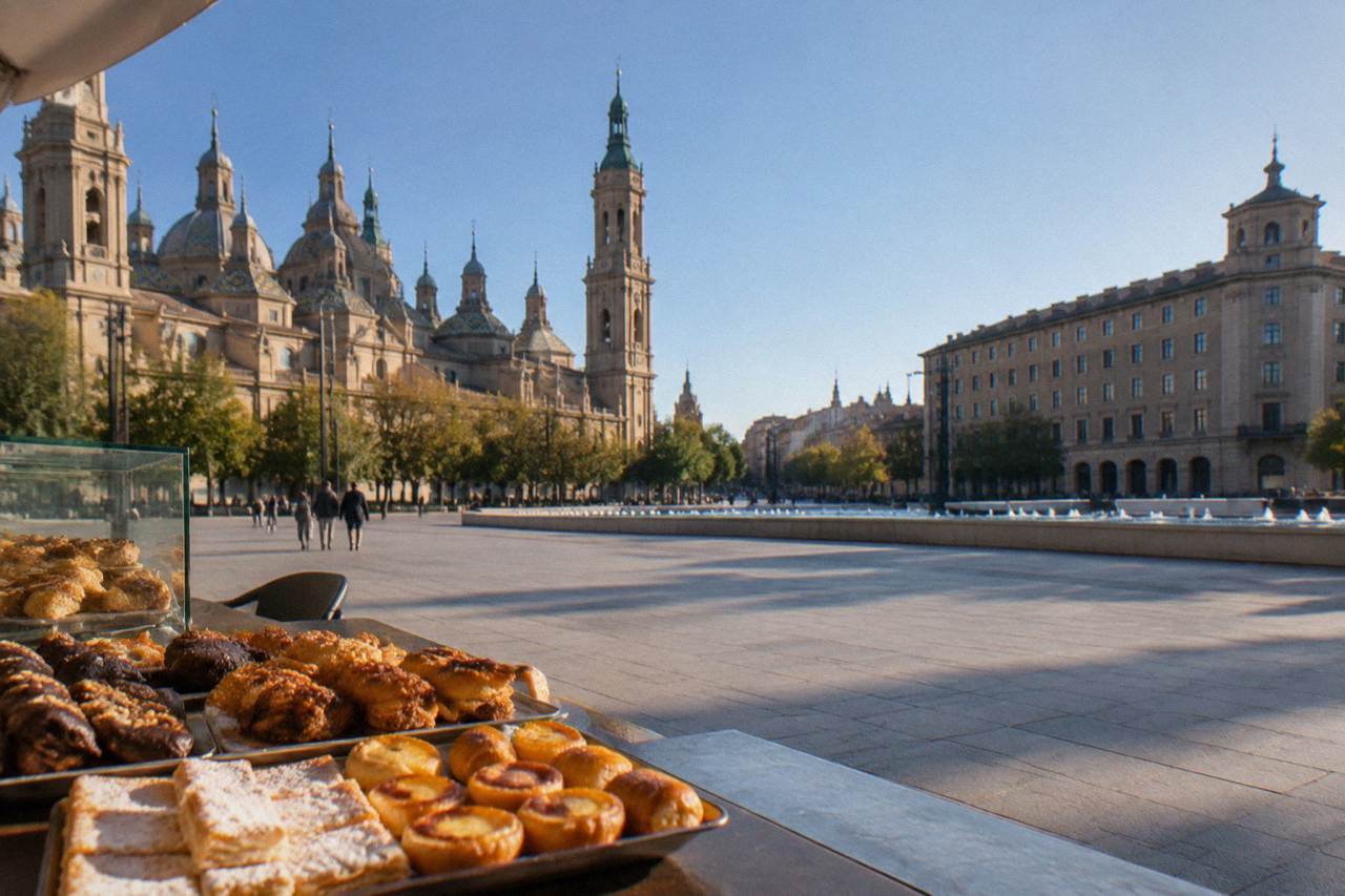 Traditional Aragonese pastries and sweets arranged on a café counter in Zaragoza