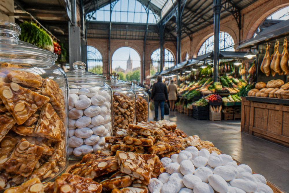 Almond brittle and sugared almonds piled in jars at an Aragonese confectionery stall
