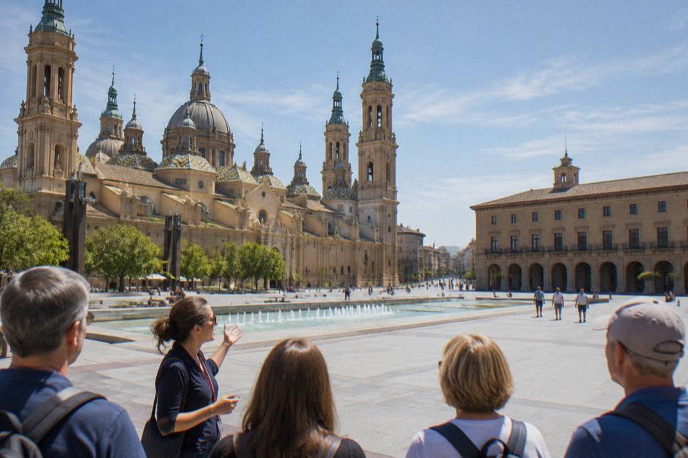 A tour guide speaking to a small group in a sunlit square of Zaragoza's old town