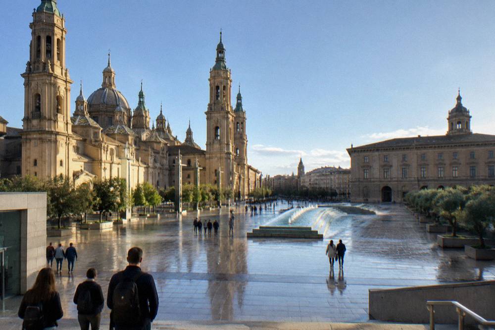 Visitors entering a museum courtyard in Zaragoza old town on a sunny morning