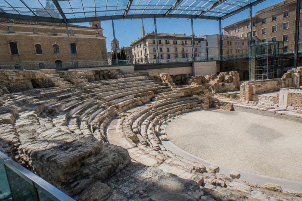Ancient Roman theatre remains displayed inside the Caesaraugusta museum in Zaragoza