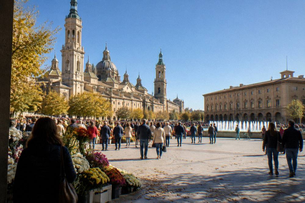 Crowds and flower offerings filling a central street of Zaragoza during the October festival