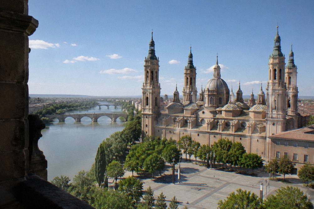 View over the Ebro river and the domes of Zaragoza from a tower viewpoint