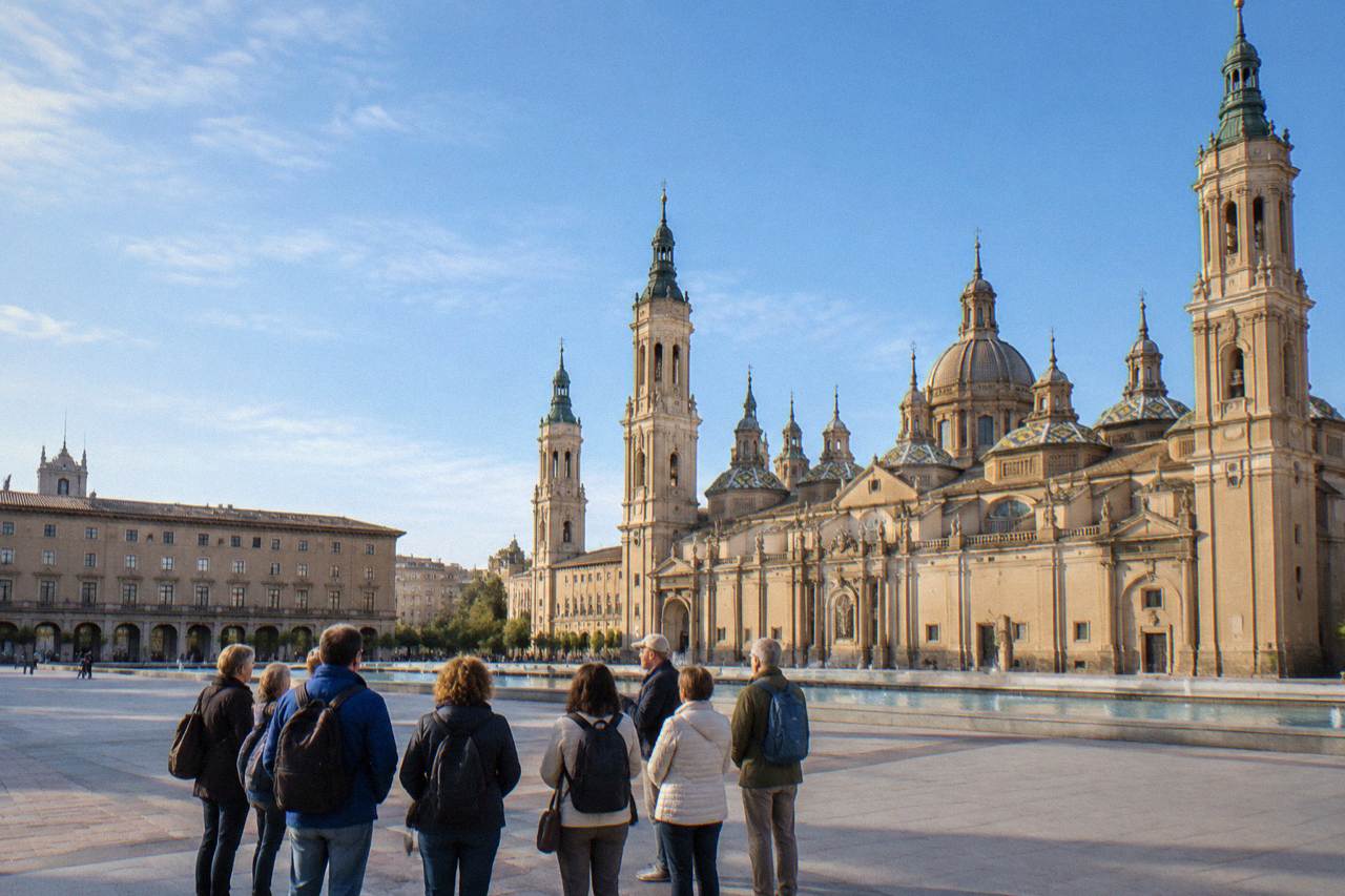 Guided walking group standing on Plaza del Pilar with the Basilica del Pilar behind them in late afternoon light